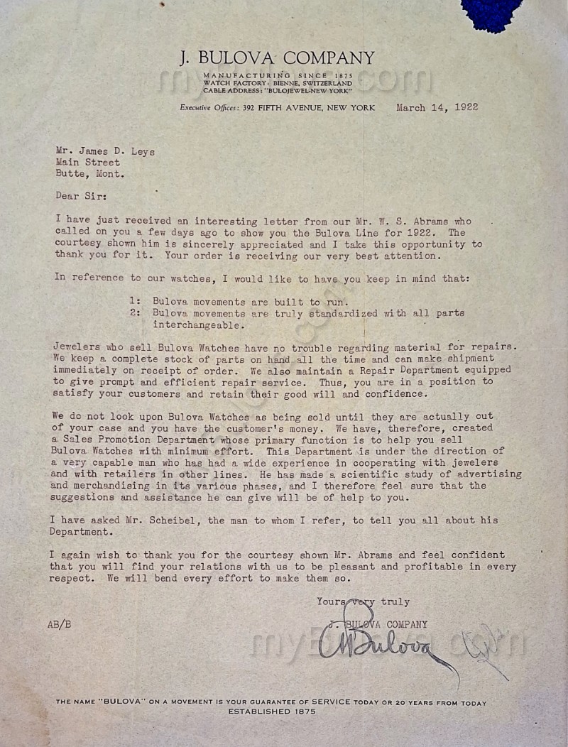 1922 March 14 - Letter signed by Arde Bulova