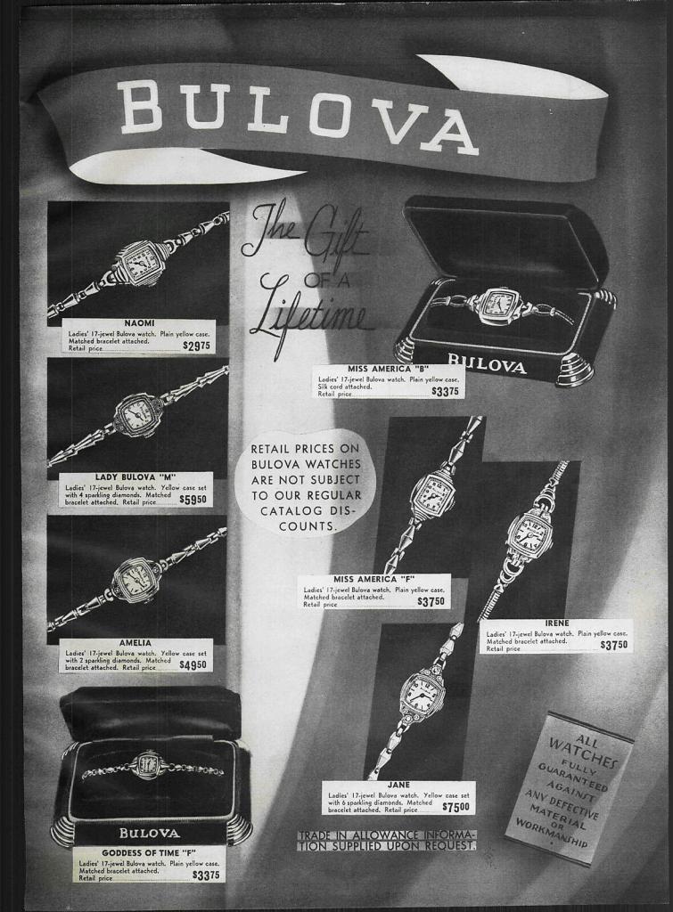 Naomi, Lady Bulova "M", Amelia, Goddess of Time "F", Miss America "B", Miss America "F", Irene, Jane